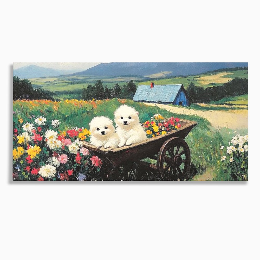 Tablou canvas cu tablou canvas cu catelusi intr-o roaba, fara rama, pe sasiu de lemn